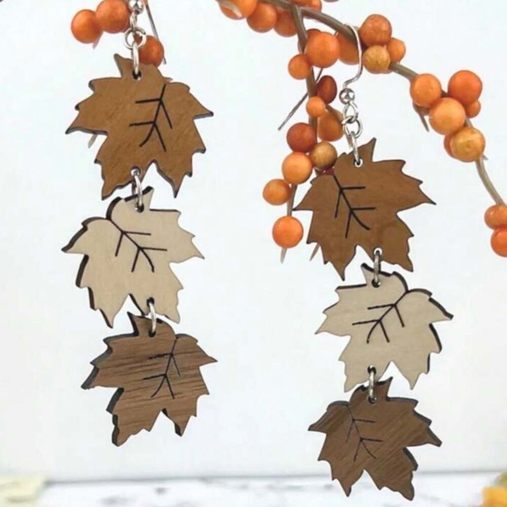 #08 Cute Pair of Wood Stacked Leaf Dangle Fall Earrings